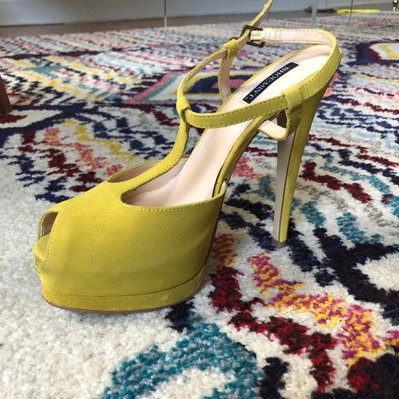 Mustard Peep Toe T-Strap Heels - Picture 3 of 8